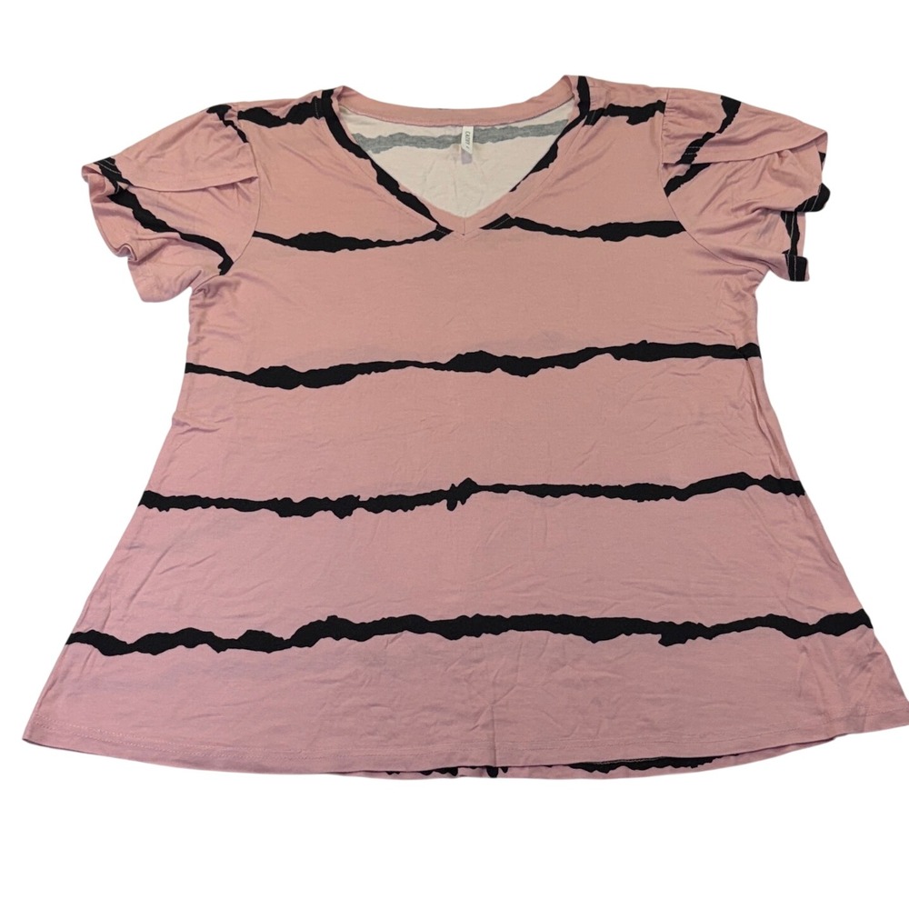 Cathy Pink Black Striped V-Neck Short Petal Sleeve Top XL. 1130C4